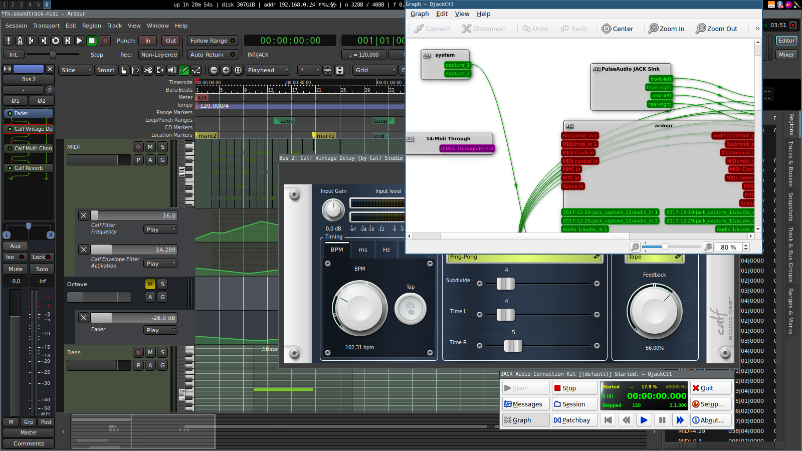 A screen shot of Ardour5 main window with midi tracks and automation curves, a Calf Vintage Delay effect, a qJackCtl's main and Graph windows.